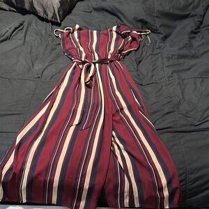 As U Wish Burgundy and Cream Striped Jumpsuit